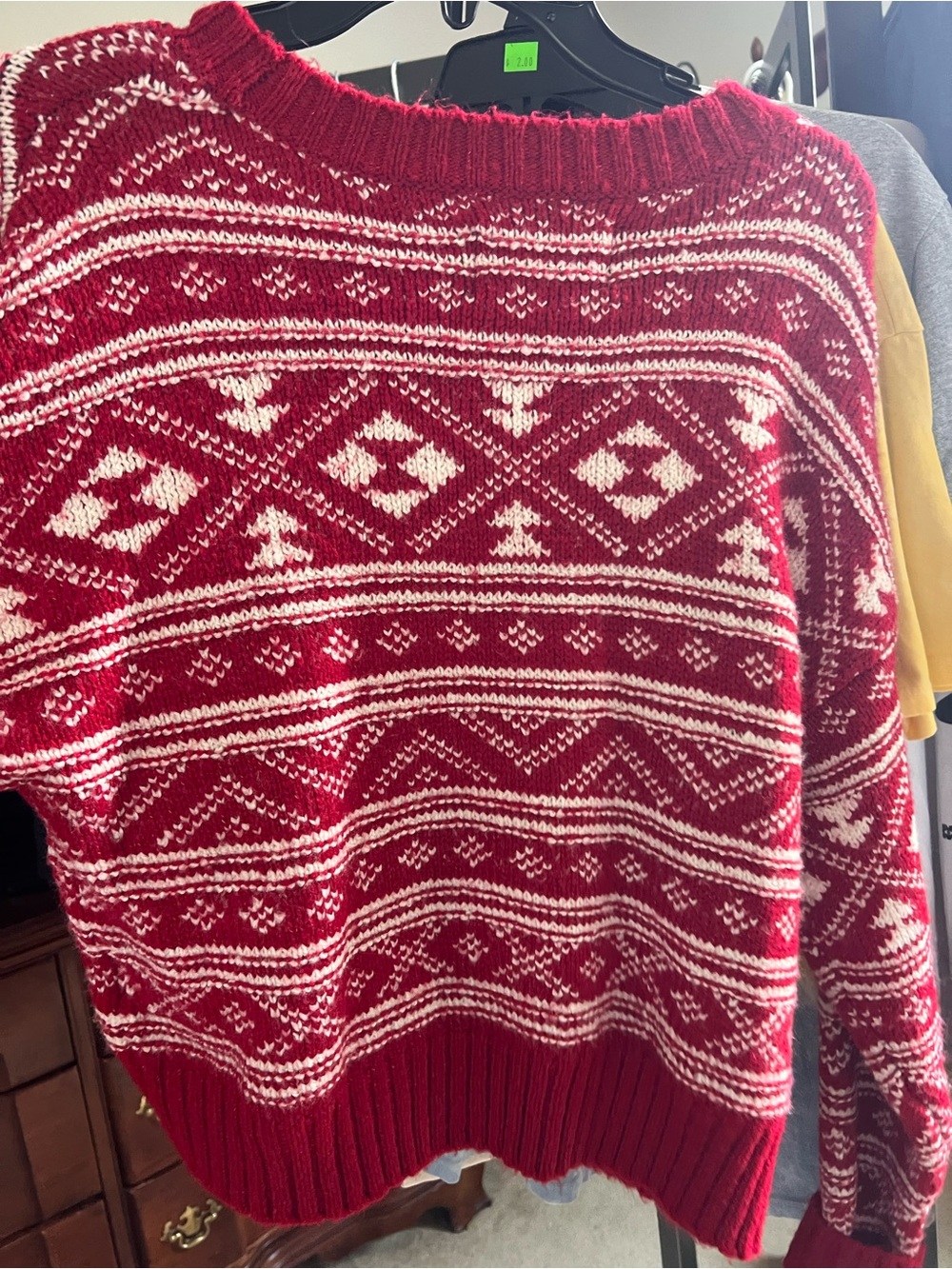 American Eagle Outfitters Red and White Fair Isle Crewneck Sweater